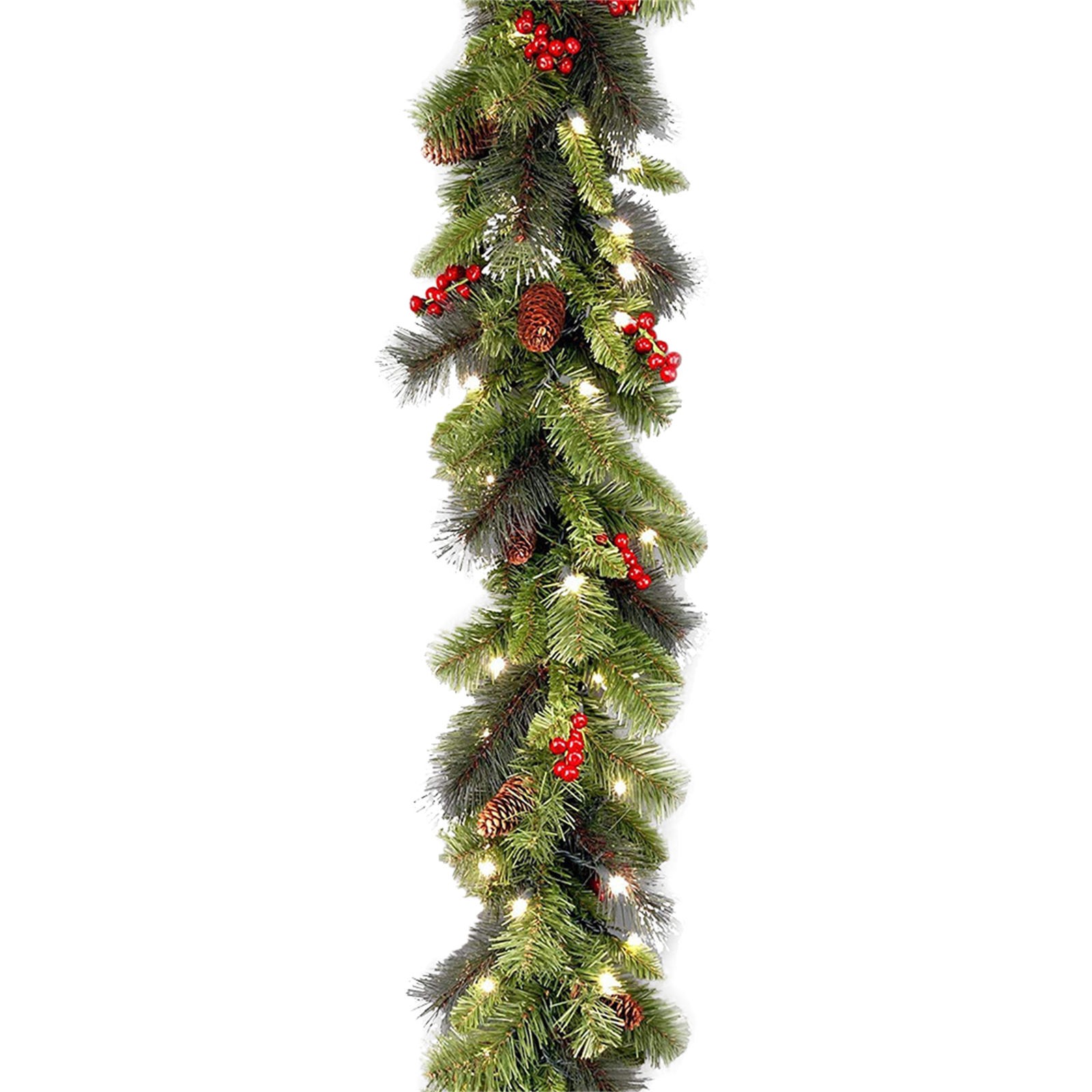 Pre Lit Artificial Christmas Garland Green Crestwood Spruce White Lights Decorated With Berry Clusters Plug In Christmas Collection 9 Feet